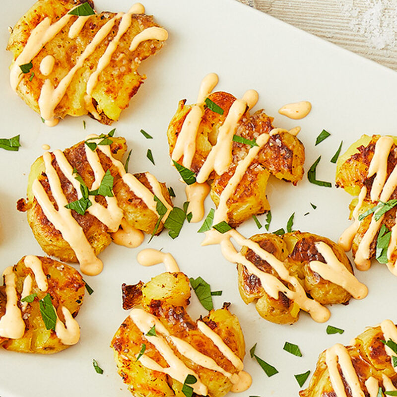 Smashed Potatoes with Sriracha Aioli